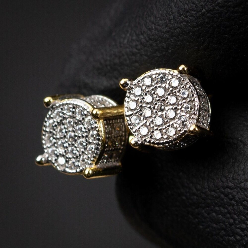 Men's 3d Round Yellow Gold 925 Sterling Silver 4 Prong Bullet Cz Stud Earrings